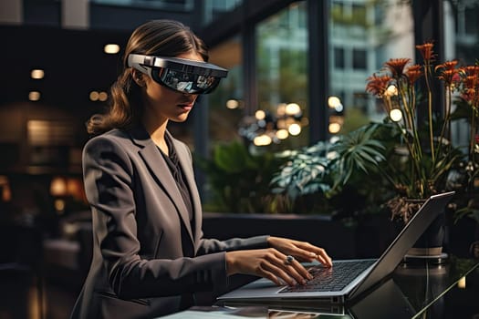 Business woman wearing a VR headset. Surreal world and virtual reality. Working in a modern office by Generative AI.