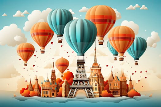 New Year's idea with the Eiffel Tower and hot air balloons during the New Year.by Generative AI.