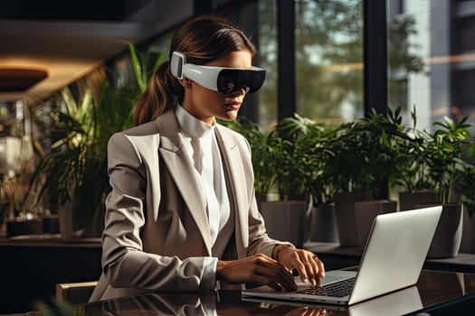 Business woman wearing a VR headset. Surreal world and virtual reality. Working in a modern office by Generative AI.