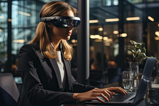 Business woman wearing a VR headset. Surreal world and virtual reality. Working in a modern office by Generative AI.