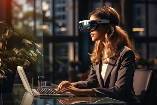 Business woman wearing a VR headset. Surreal world and virtual reality. Working in a modern office by Generative AI.