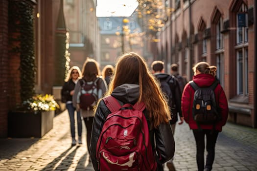 Rear view of two happy cute children, age 15, walking side by side on the street in the school area.by Generative AI.