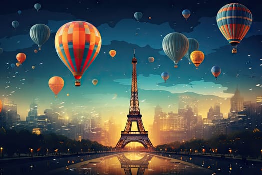 New Year's idea with the Eiffel Tower and hot air balloons during the New Year.by Generative AI.