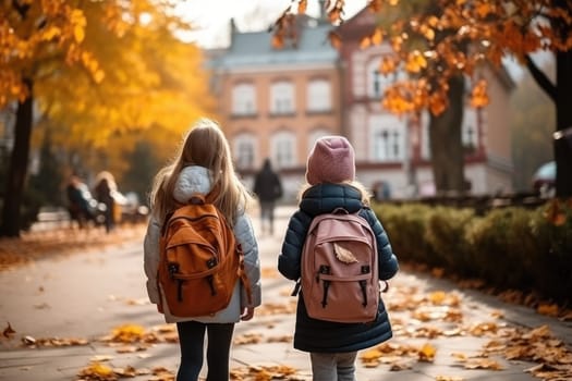 Rear view of two happy cute children, age 15, walking side by side on the street in the school area.by Generative AI.