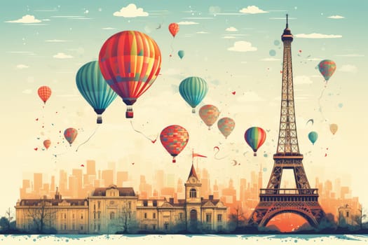 New Year's idea with the Eiffel Tower and hot air balloons during the New Year.by Generative AI.