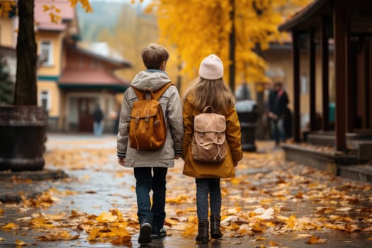 Rear view of two happy cute children, age 15, walking side by side on the street in the school area.by Generative AI.