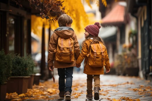 Rear view of two happy cute children, age 15, walking side by side on the street in the school area.by Generative AI.