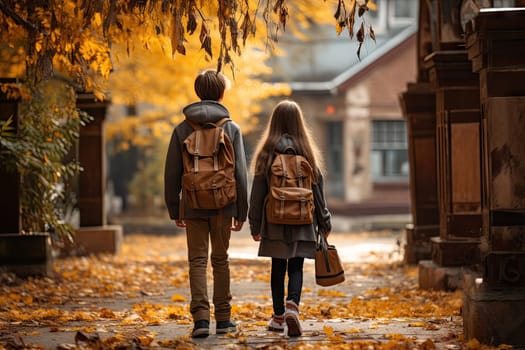 Rear view of two happy cute children, age 15, walking side by side on the street in the school area.by Generative AI.