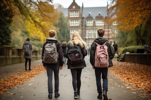 Rear view of two happy cute children, age 15, walking side by side on the street in the school area.by Generative AI.