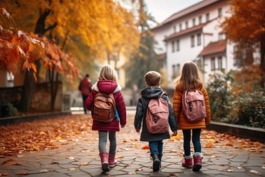 Rear view of two happy cute children, age 15, walking side by side on the street in the school area.by Generative AI.