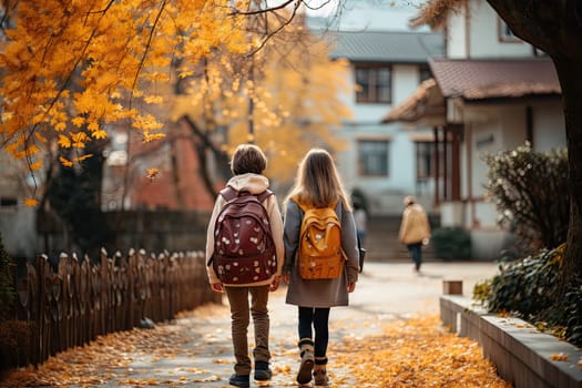 Rear view of two happy cute children, age 15, walking side by side on the street in the school area.by Generative AI.