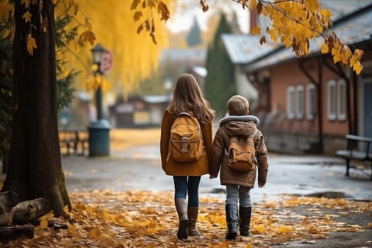 Rear view of two happy cute children, age 15, walking side by side on the street in the school area.by Generative AI.