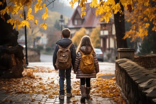 Rear view of two happy cute children, age 15, walking side by side on the street in the school area.by Generative AI.