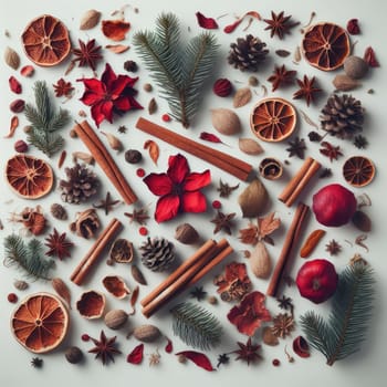 Flat lay Christmas greeting card from scattered spruce twigs, red dry petals of fruit tree, golden fruits, cinnamon sticks with place on white background. New Year pattern. Top view. Noel