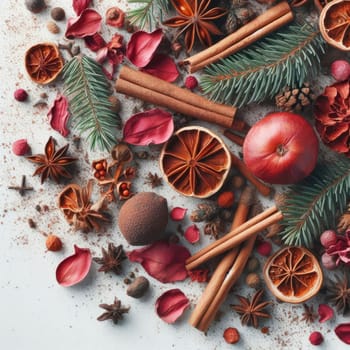 Flat lay Christmas greeting card from scattered spruce twigs, red dry petals of fruit tree, golden fruits, cinnamon sticks with place on white background. New Year pattern. Top view. Noel