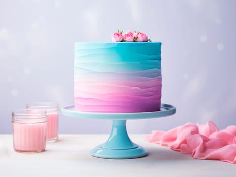 Birthday cake in bright colors for the gender party party. Boy or girl. Copy space.