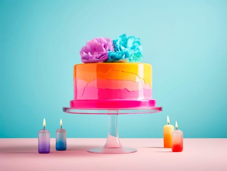 Birthday cake in bright colors for the gender party party. Boy or girl. Copy space.