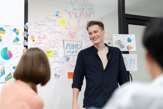 Professional male leader presents start up project by using mind map, colorful sticky notes and business statistic graph with confident while investor listening at business meeting. Immaculate.