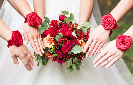 Close up of bride and bridesmaids bouquet.