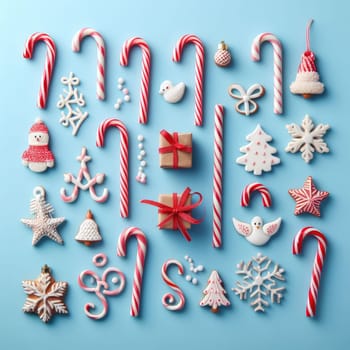Christmas candy cane lied evenly in row on blue background. Flat lay and top view.