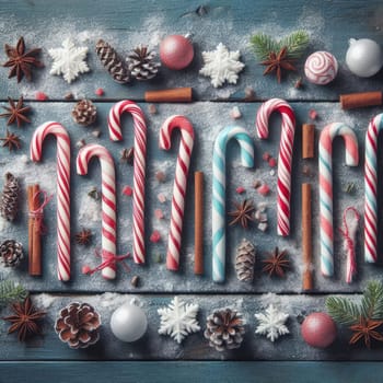Christmas candy cane lied evenly in row on blue background. Flat lay and top view.