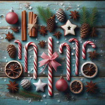 Christmas candy cane lied evenly in row on blue background. Flat lay and top view.