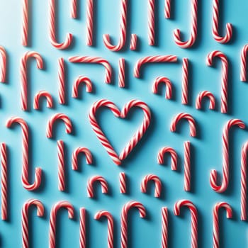 Christmas candy cane lied evenly in row on blue background. Flat lay and top view.