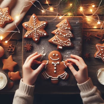 Hands decorating gingerbread cookies with icing on rustic wooden table on background of christmas golden lights. Atmospheric Christmas holiday traditions. Decorating cookies with sugar frosting