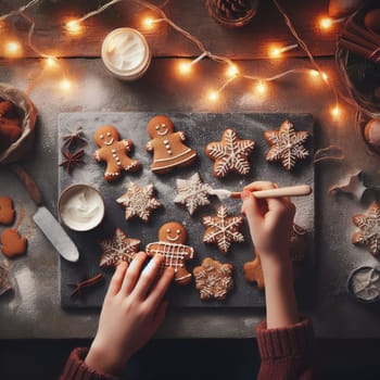 Hands decorating gingerbread cookies with icing on rustic wooden table on background of christmas golden lights. Atmospheric Christmas holiday traditions. Decorating cookies with sugar frosting