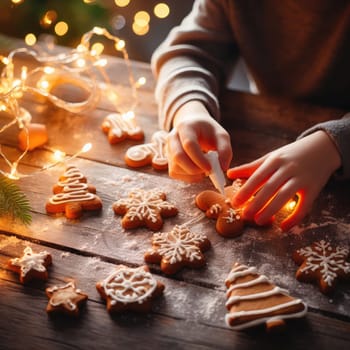 Hands decorating gingerbread cookies with icing on rustic wooden table on background of christmas golden lights. Atmospheric Christmas holiday traditions. Decorating cookies with sugar frosting