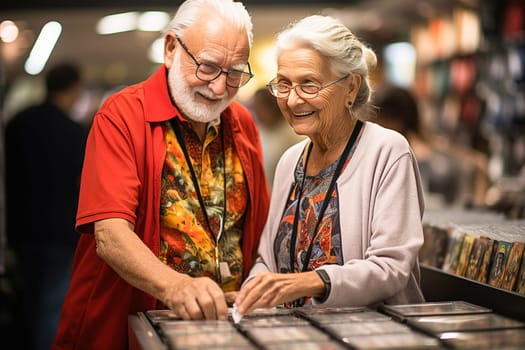 Elderly people looking at souvenirs at a counter at an exhibition. High quality photo