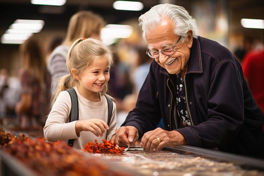 Happy grandfather and granddaughter looking at souvenirs on the exhibition counter. High quality photo