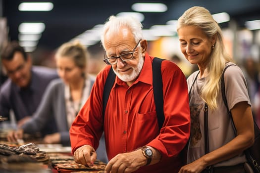 Elderly people looking at souvenirs at a counter at an exhibition. High quality photo