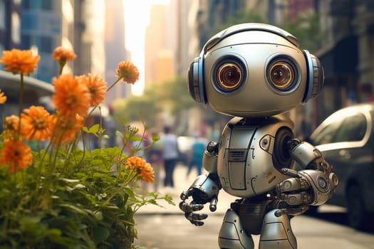 Little robot with a flower in a big city. Greening the planet concept. High quality illustration