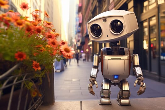 Little robot with a flower in a big city. Greening the planet concept. High quality illustration