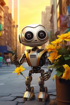 Little robot with a flower in a big city. Greening the planet concept. High quality illustration