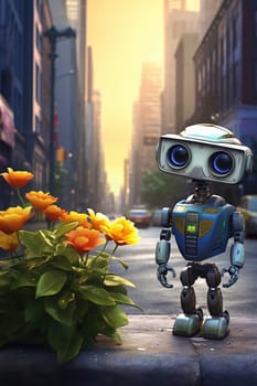 Little robot with a flower in a big city. Greening the planet concept. High quality illustration