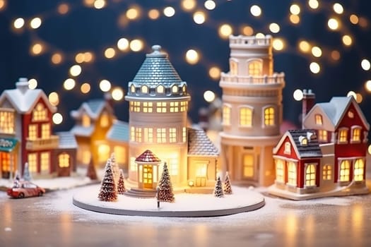 Postcard with a fabulous Christmas town covered in New Year's lights. High quality illustration