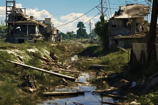 Destroyed houses and infrastructure, consequences of war. Abandoned city. High quality photo