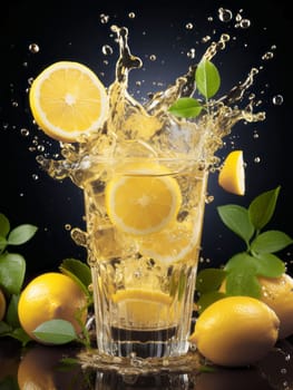 Cool freshly made lemonade with lemon and ice.