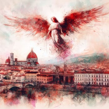 protective guarding angel over a cityscape red black drawing art generative ai art