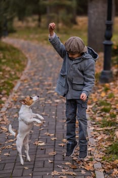 Caucasian boy playing with a dog for a walk in the autumn park