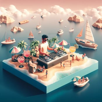 young deejay, wear glasses earphone hosting dj set at crowded beach party tropical island isometric ai generative ai art