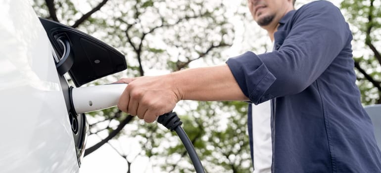 Man recharging battery for electric car during road trip travel EV car in natural forest or national park. Eco friendly travel during vacation and holiday. Panorama banner Exalt