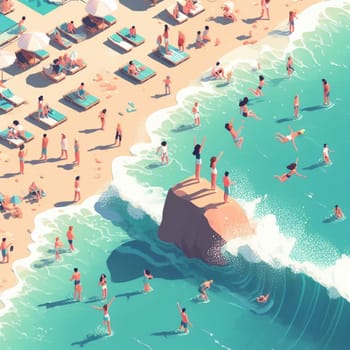 people having fun in the beach, isometric view, sea waves, 3d illustration generative ai art