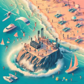 people having fun in the beach, isometric view, sea waves, 3d illustration generative ai art