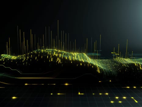 3D Abstract technology, green and yellow neon background of lines and dots, science and technology business concept of digital future technologies. AI