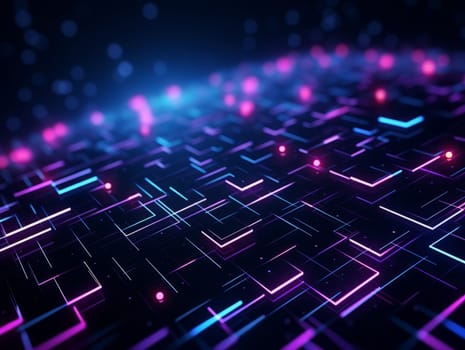 3D Abstract technology, purple and blue neon background of lines and dots, science and technology business concept of digital future technologies. AI