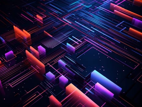 3D Abstract technology, purple and blue neon background of lines and dots, science and technology business concept of digital future technologies. AI