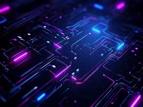 3D Abstract technology, purple and blue neon background of lines and dots, science and technology business concept of digital future technologies. AI